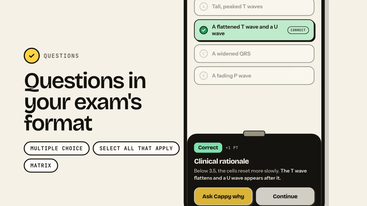 A multiple choice question on a phone with the right answer marked, and the clinical rationale on a dark sheet below it